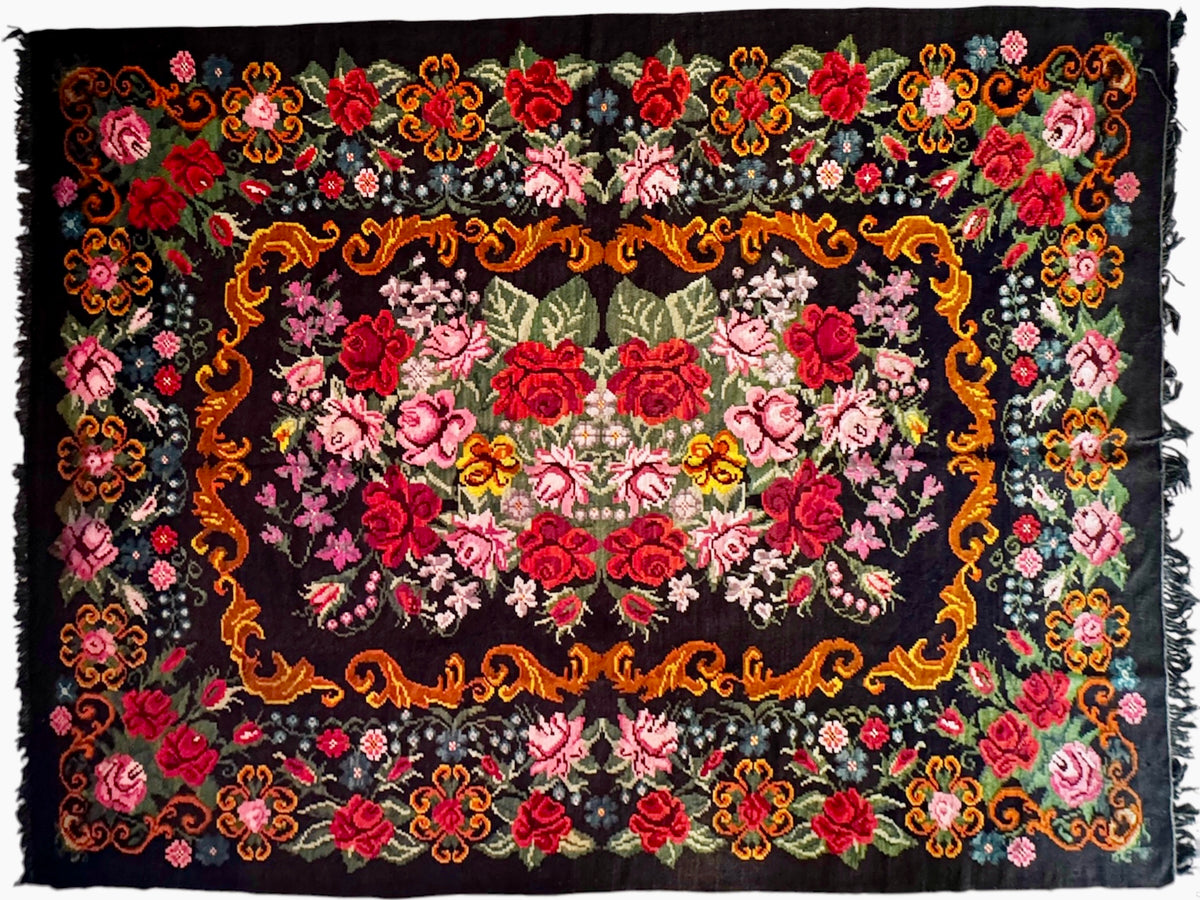 Vintage Bessarabian wool rug with black background and red rose floral design, 340 × 238 cm