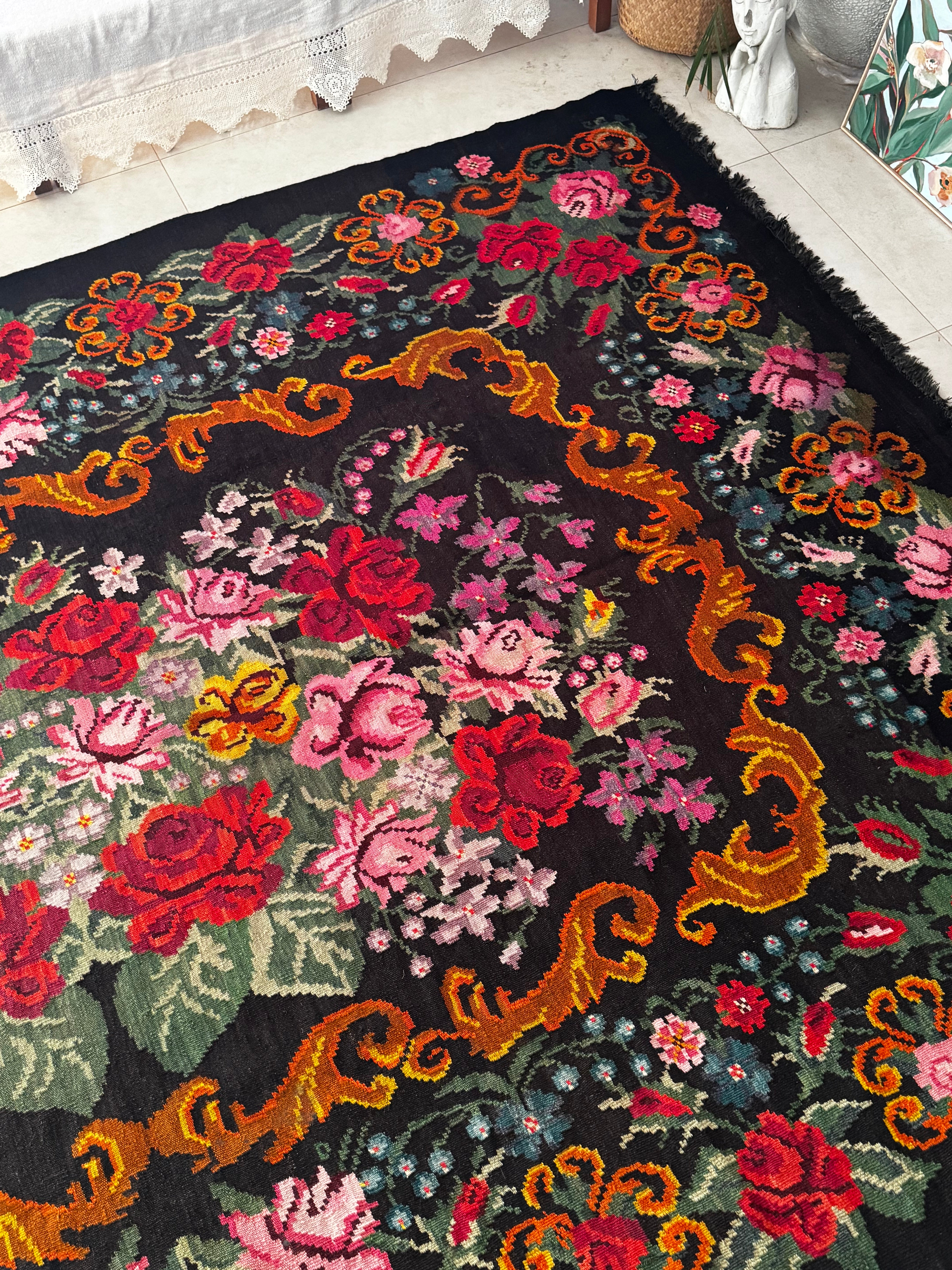 Vintage Bessarabian handwoven wool rug, floral design on black background – photo 11