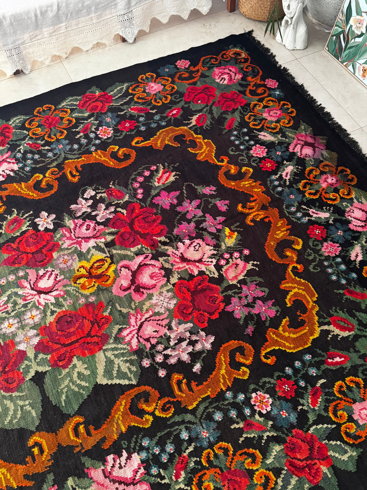 Vintage Bessarabian handwoven wool rug, floral design on black background – photo 11
