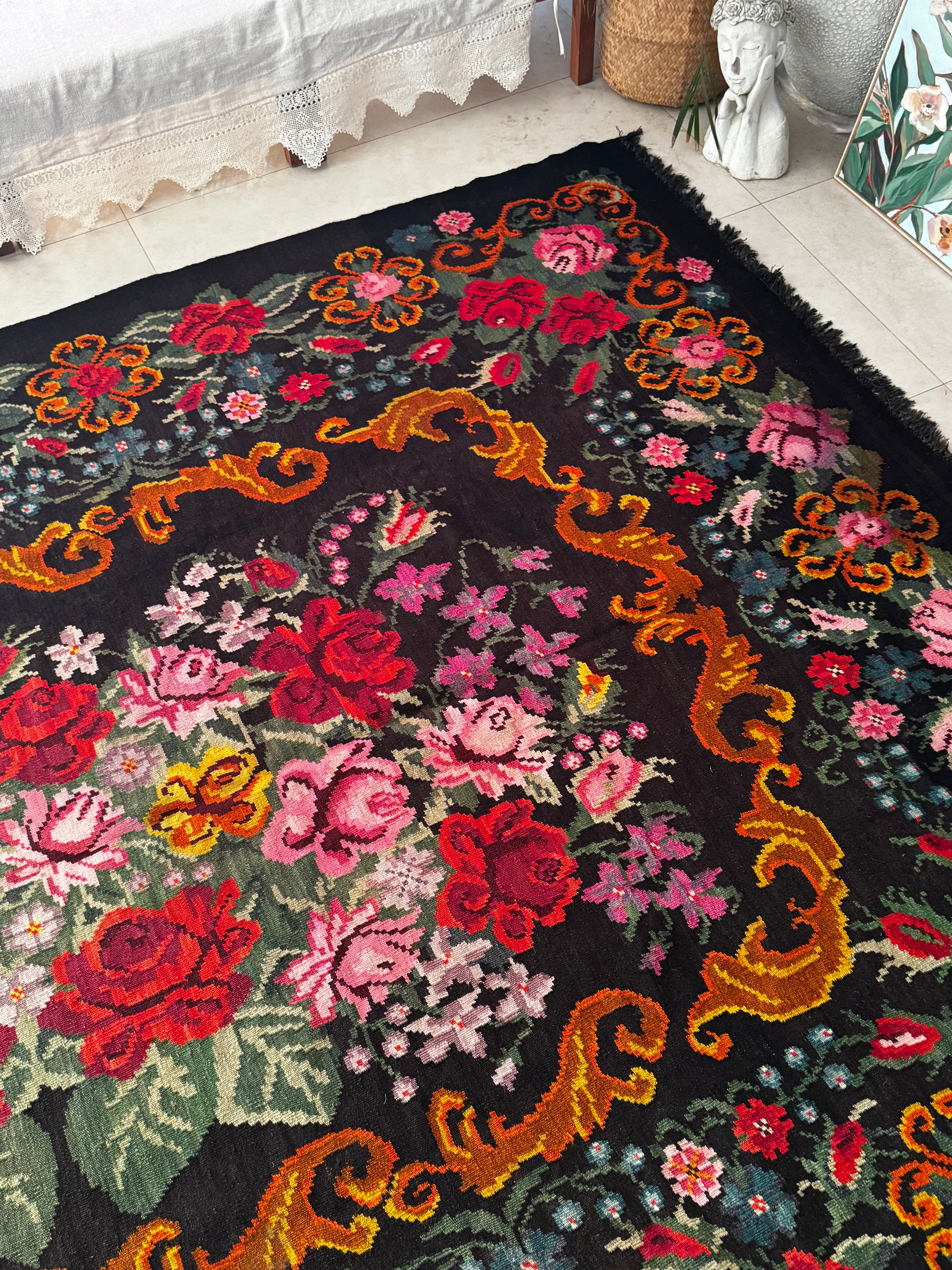 Vintage Bessarabian handwoven wool rug, floral design on black background – photo 12