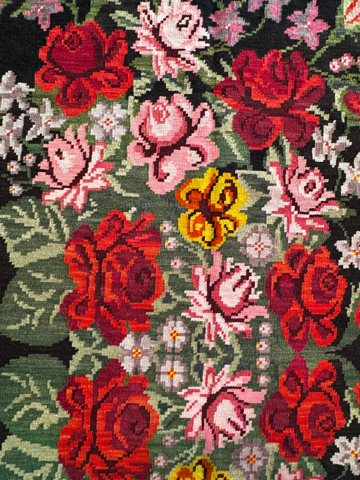 Vintage Bessarabian handwoven wool rug, floral design on black background – photo 17