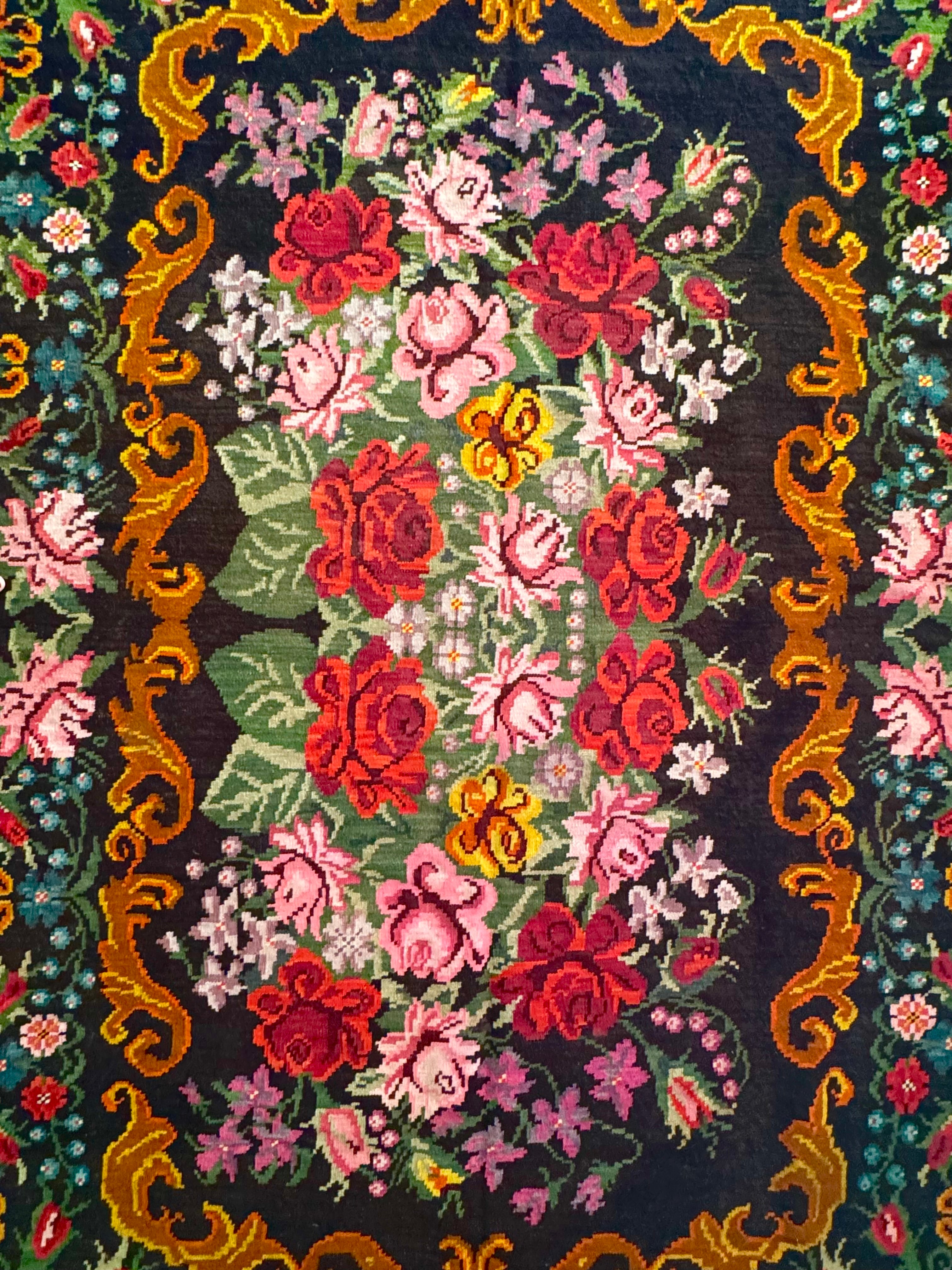 Vintage Bessarabian handwoven wool rug, floral design on black background – photo 20