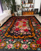 Vintage Bessarabian handwoven wool rug, floral design on black background – photo 21