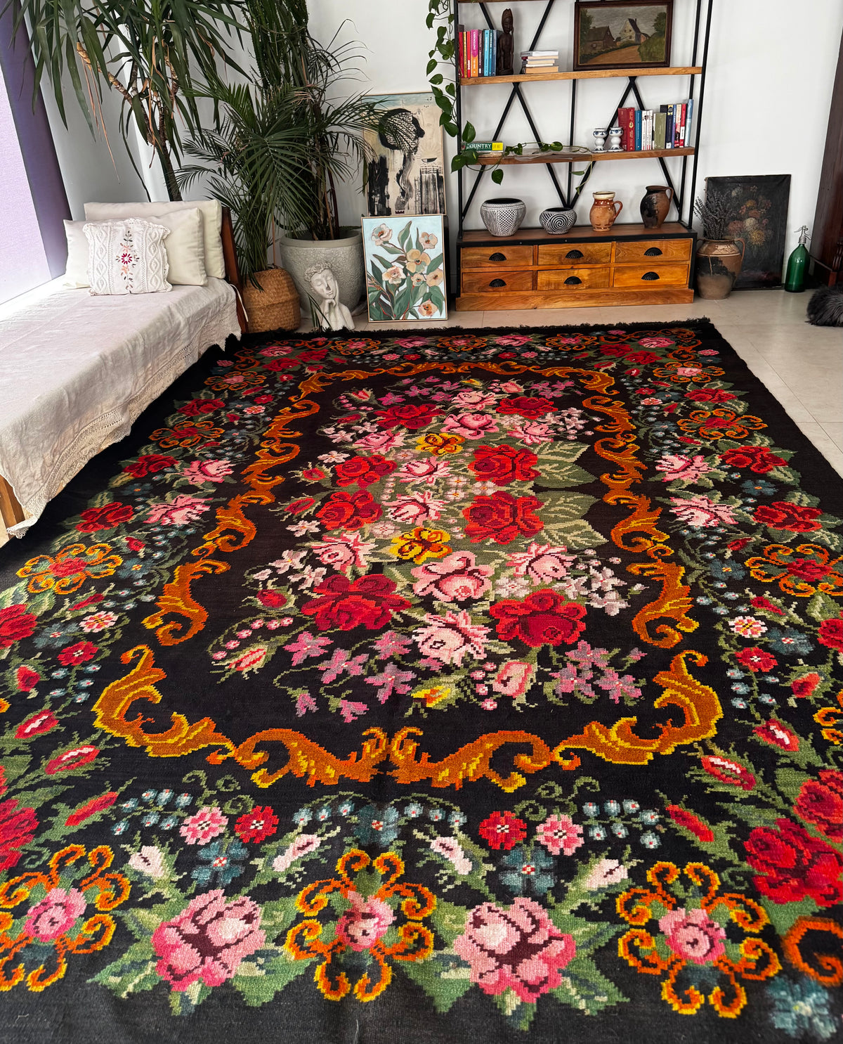 Vintage Bessarabian handwoven wool rug, floral design on black background – photo 21