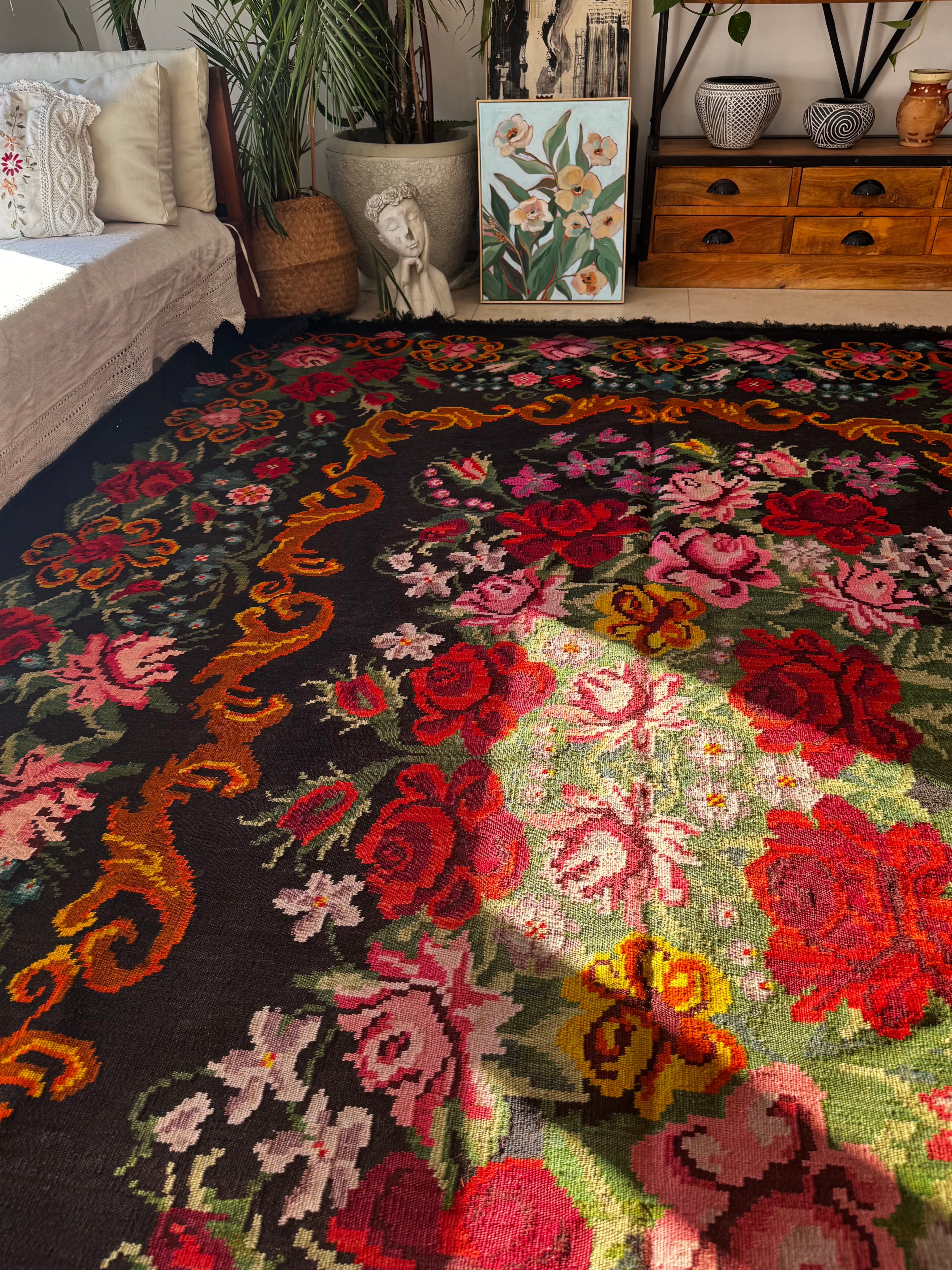 Vintage Bessarabian handwoven wool rug, floral design on black background – photo 22