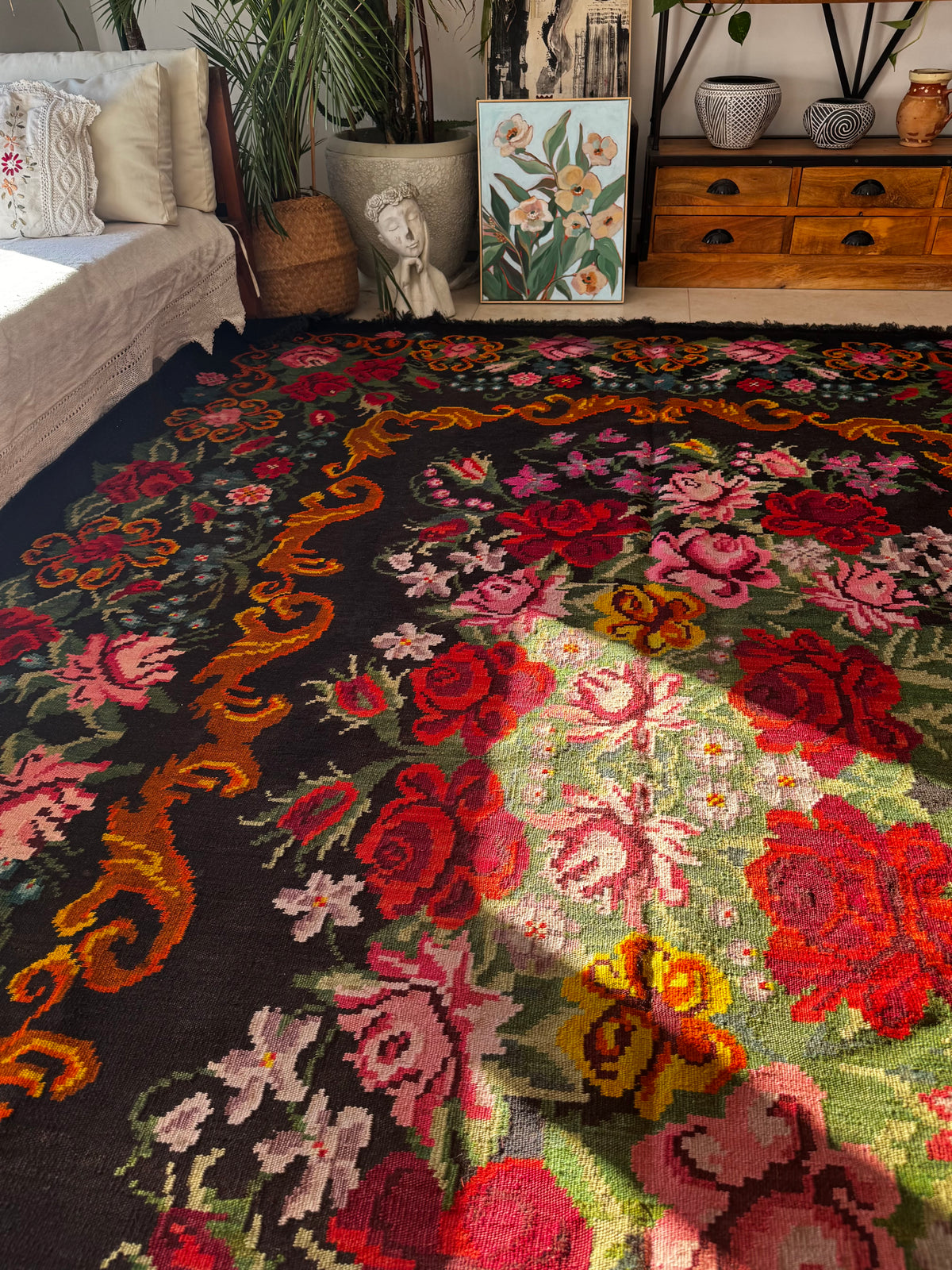Vintage Bessarabian handwoven wool rug, floral design on black background – photo 22