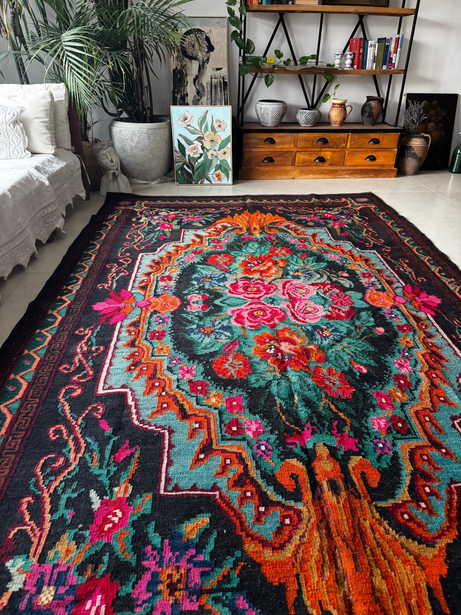 Vintage Brown Floral Bessarabian Wool Rug, 295x175 cm, view 2