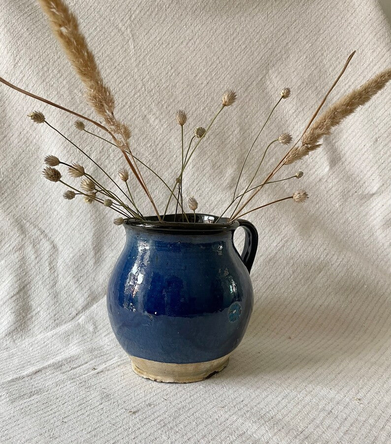 Vintage Blue Clay Pitcher, Romanian Folk Pottery, 13 cm