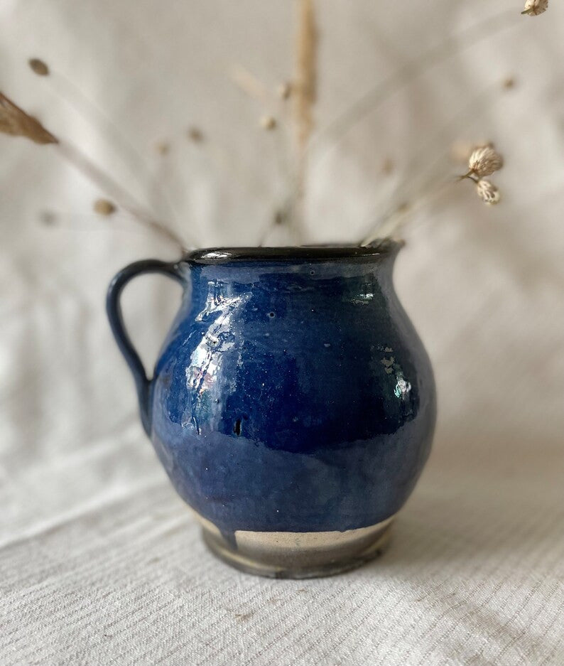 Vintage Blue Clay Pitcher, Romanian Folk Pottery, 13 cm, view 7