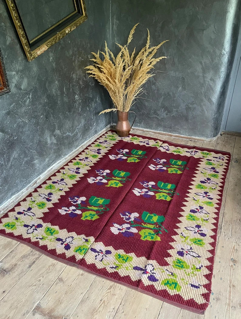 Vintage Brown & Purple Floral Oltenian Rug, 177x143 cm, view 2