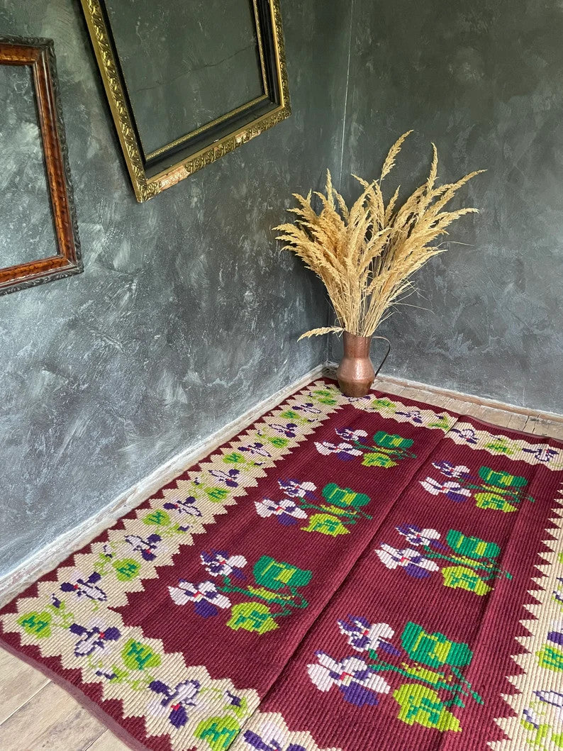 Vintage Brown & Purple Floral Oltenian Rug, 177x143 cm, view 3