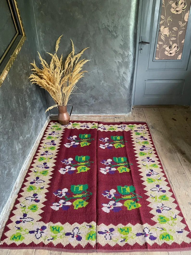 Vintage Brown & Purple Floral Oltenian Rug, 177x143 cm, view 4
