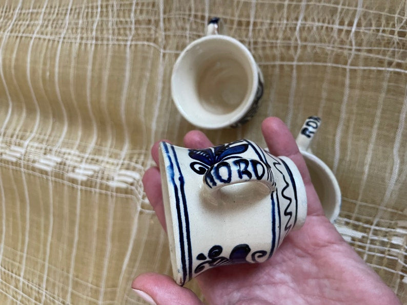 Vintage Corund Clay Cup with Blue Flowers, 7 cm, view 6