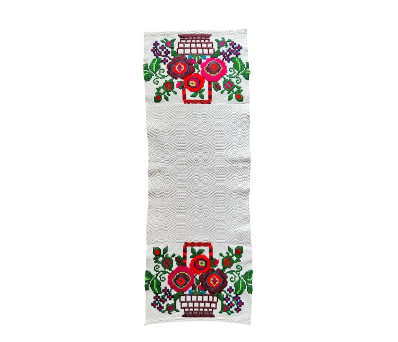 Vintage Cross-Stitch Folk Towel, Flower Baskets, 93x32 cm