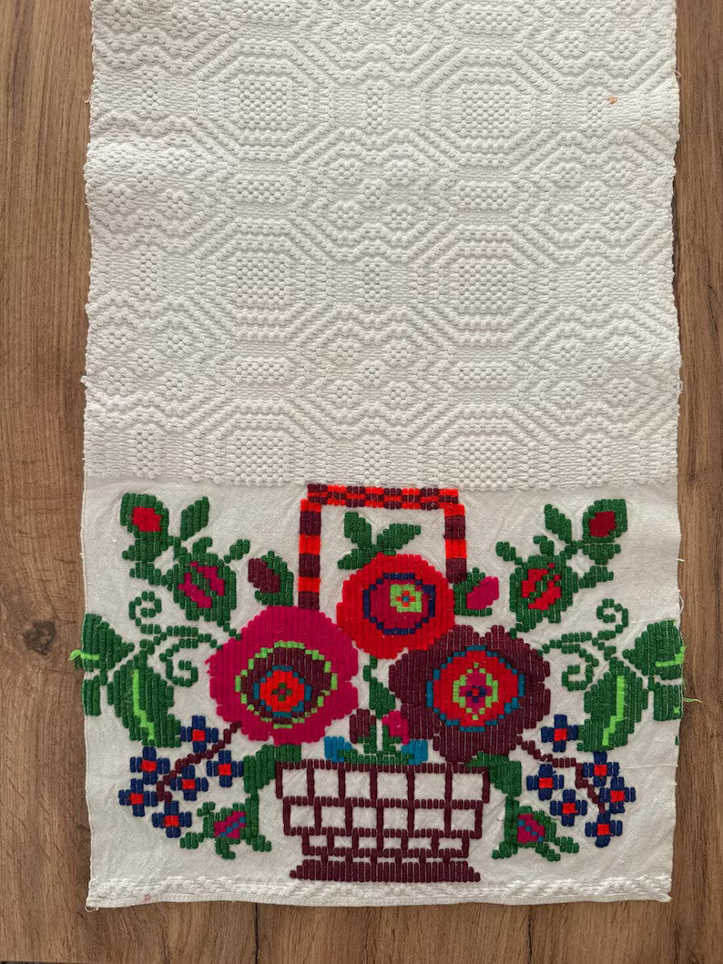 Vintage Cross-Stitch Folk Towel, Flower Baskets, 93x32 cm, view 5