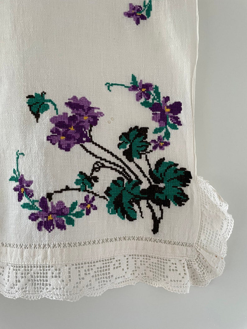 Vintage Cross-Stitch Folk Towel, Purple Flowers, 120x50 cm, view 10