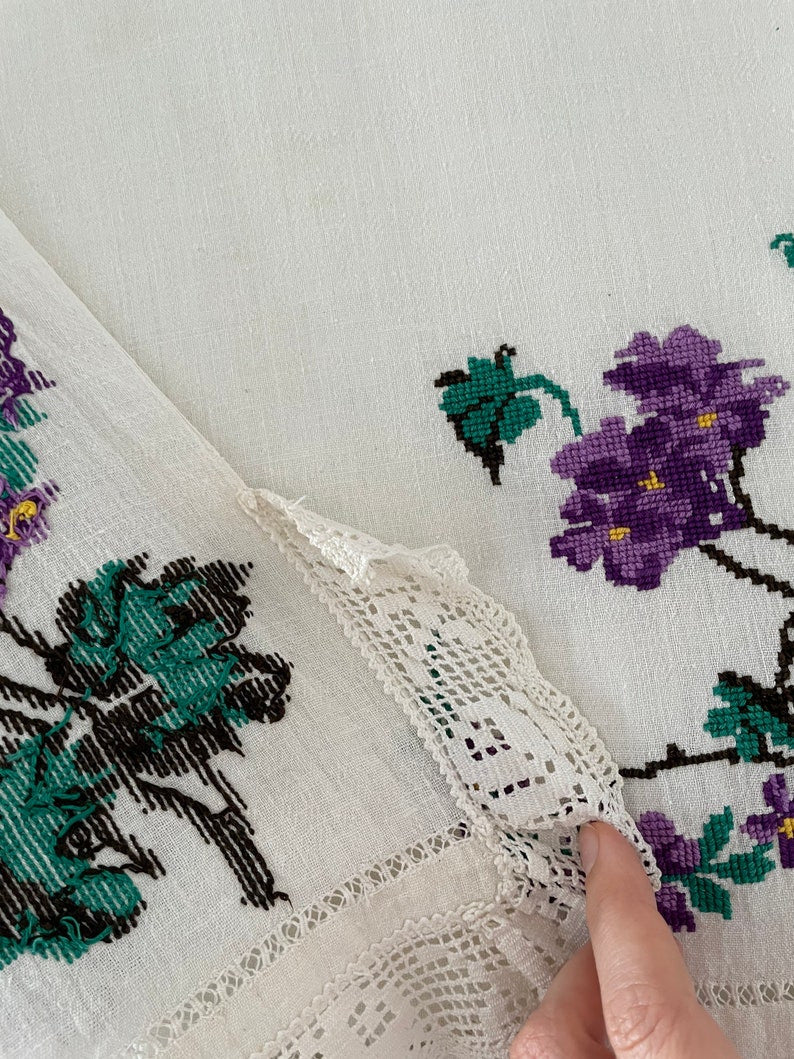 Vintage Cross-Stitch Folk Towel, Purple Flowers, 120x50 cm, view 3