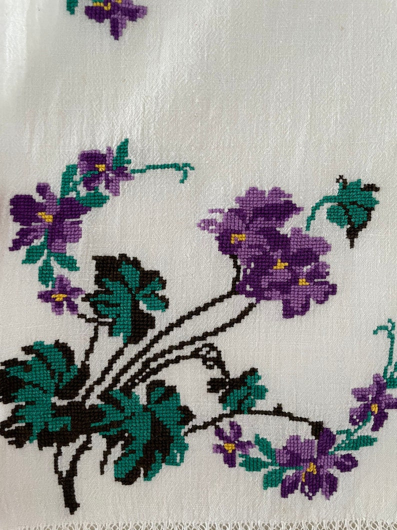 Vintage Cross-Stitch Folk Towel, Purple Flowers, 120x50 cm, view 6