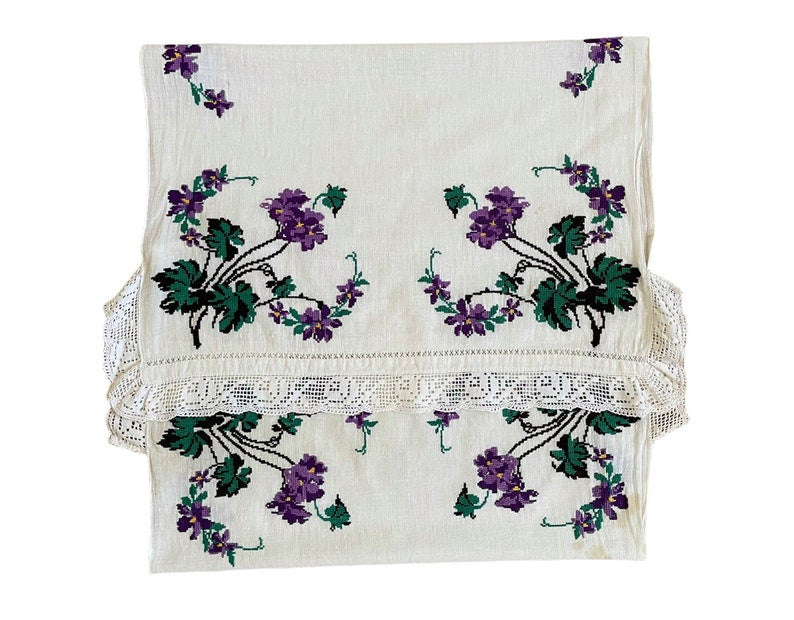 Vintage Cross-Stitch Folk Towel, Purple Flowers, 120x50 cm, view 8