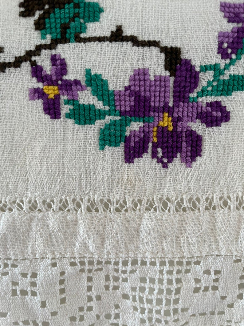 Vintage Cross-Stitch Folk Towel, Purple Flowers, 120x50 cm, view 9