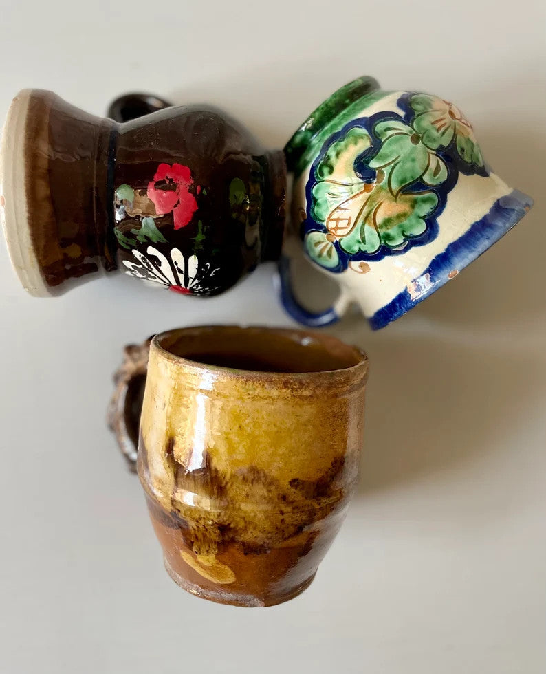 Vintage Handmade Romanian Clay Mugs, Rustic Pottery, view 4
