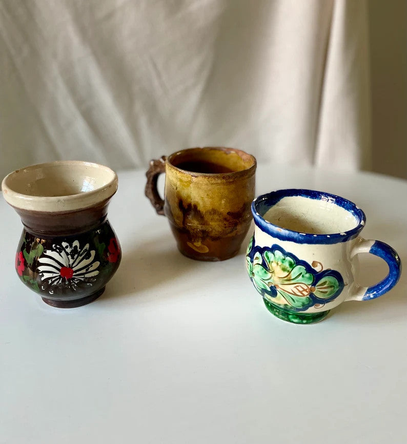 Vintage Handmade Romanian Clay Mugs, Rustic Pottery, view 5