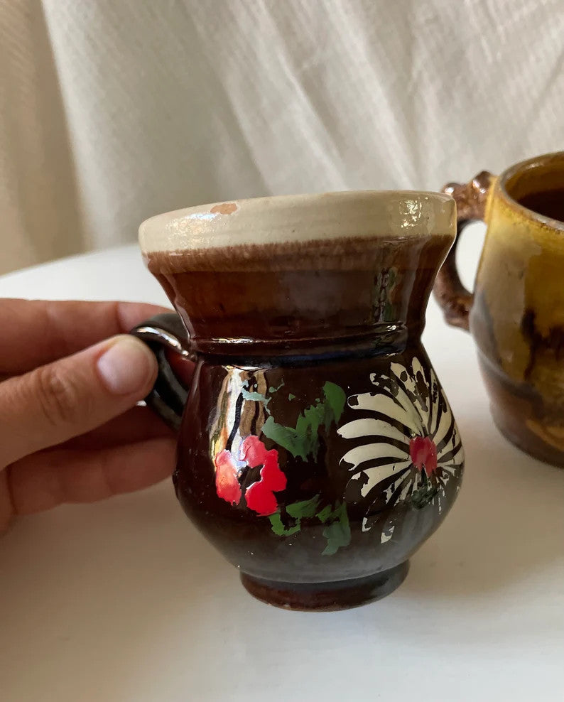 Vintage Handmade Romanian Clay Mugs, Rustic Pottery, view 8