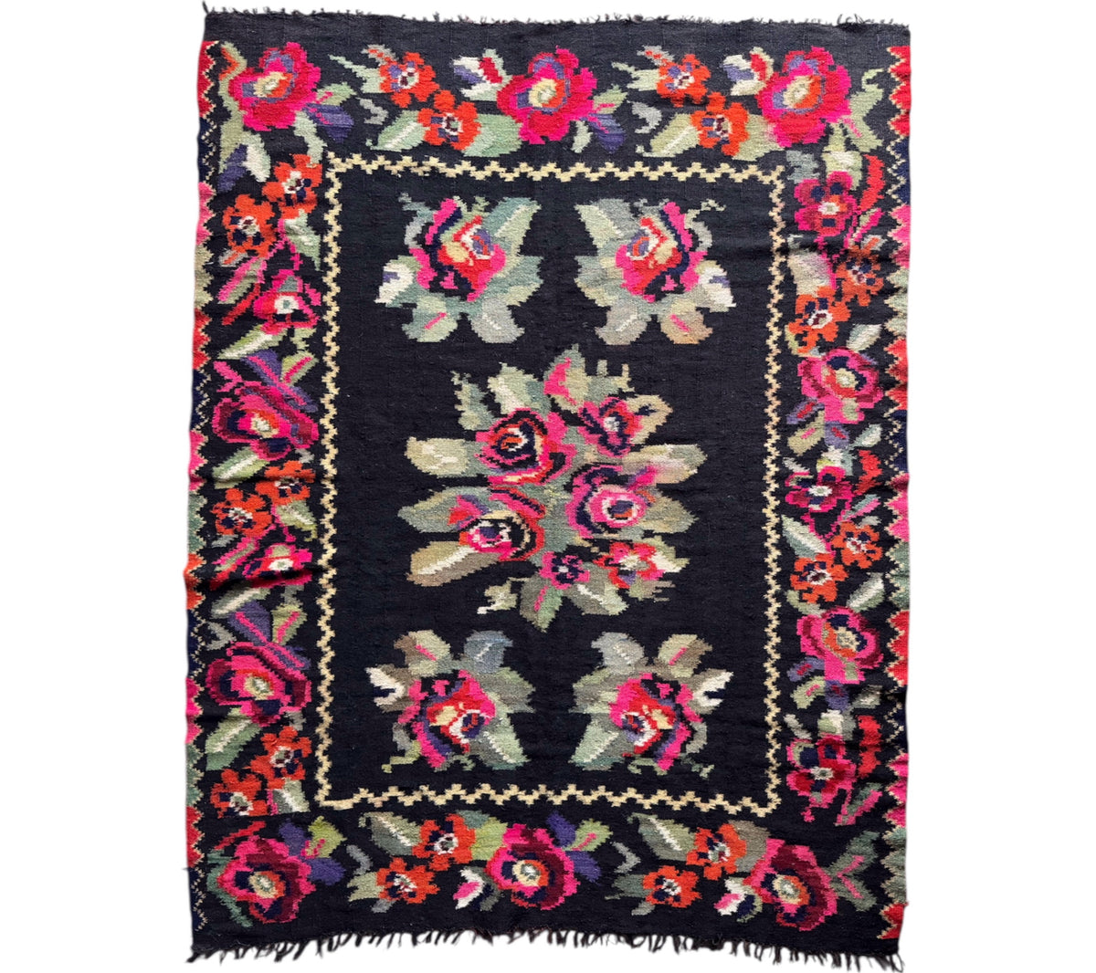 Vintage Black Floral Maramureș Wool Rug, 188x124 cm