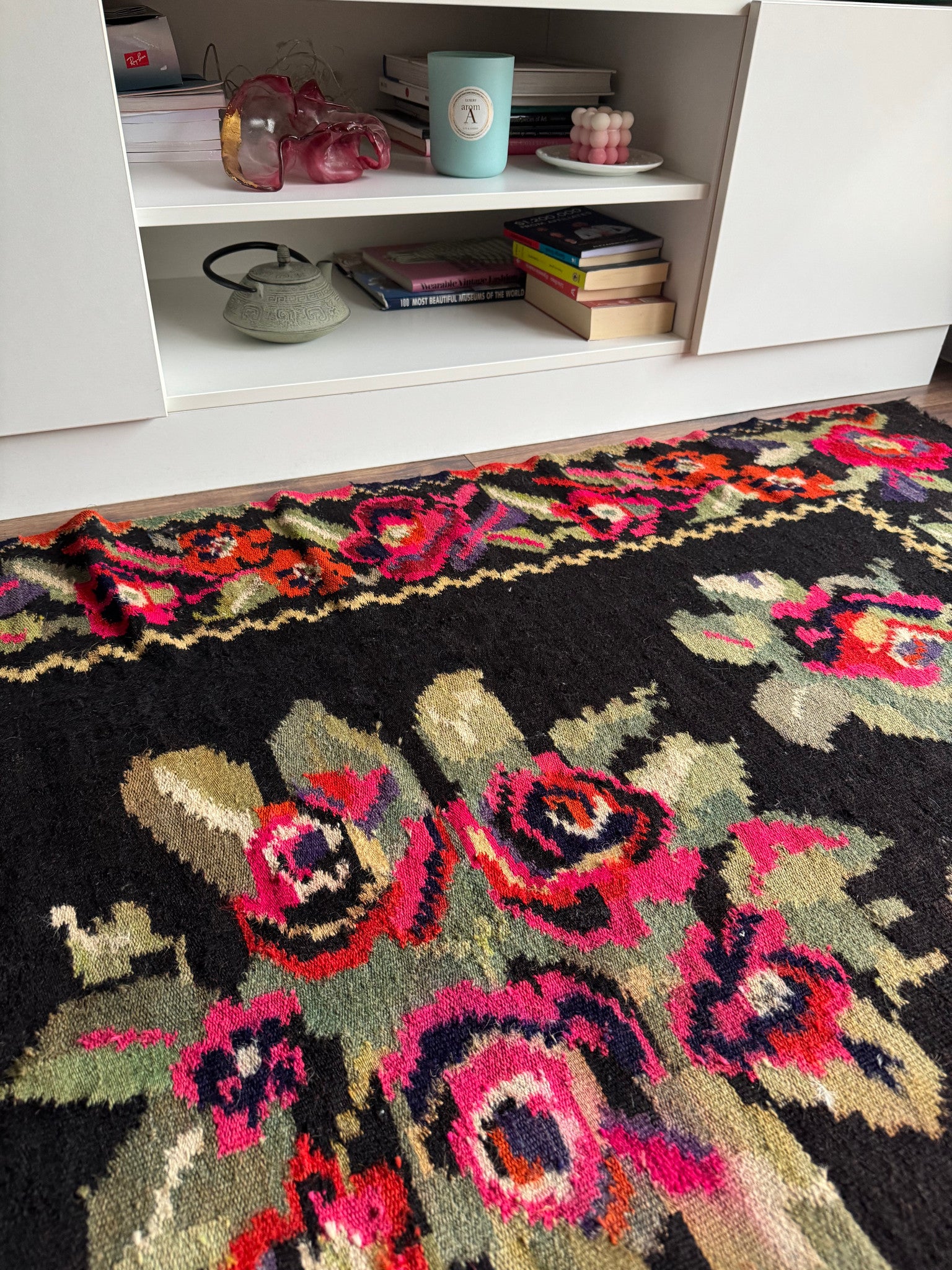 Vintage Black Floral Maramureș Wool Rug, 188x124 cm, view 8