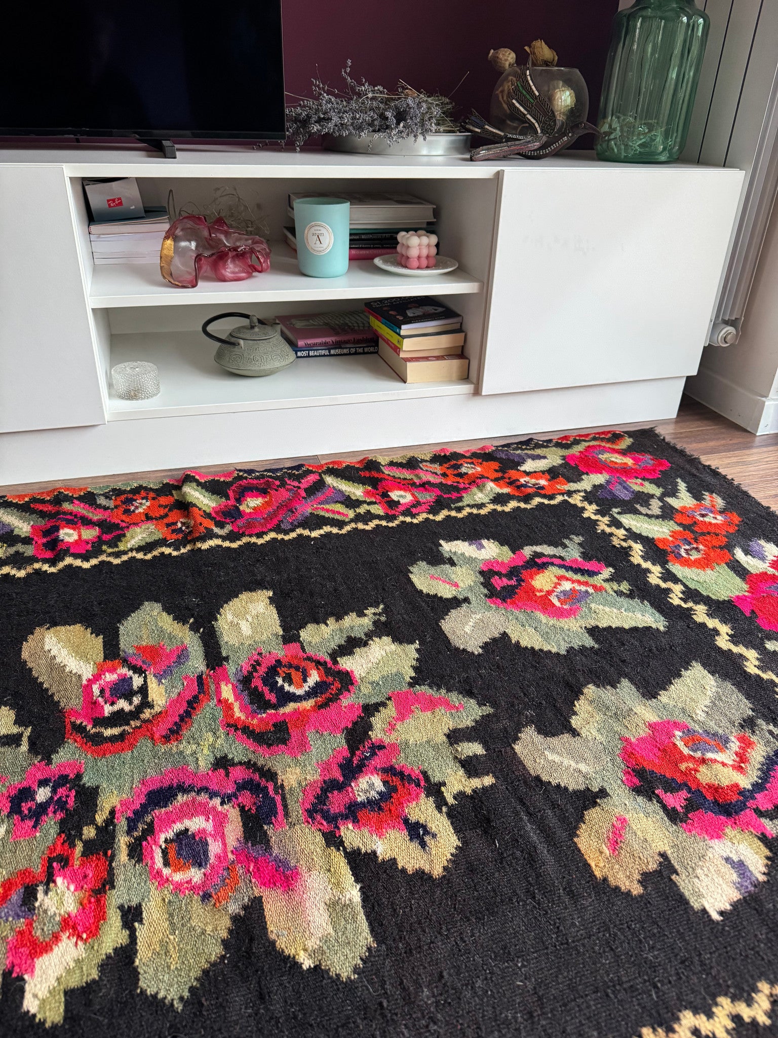 Vintage Black Floral Maramureș Wool Rug, 188x124 cm, view 9