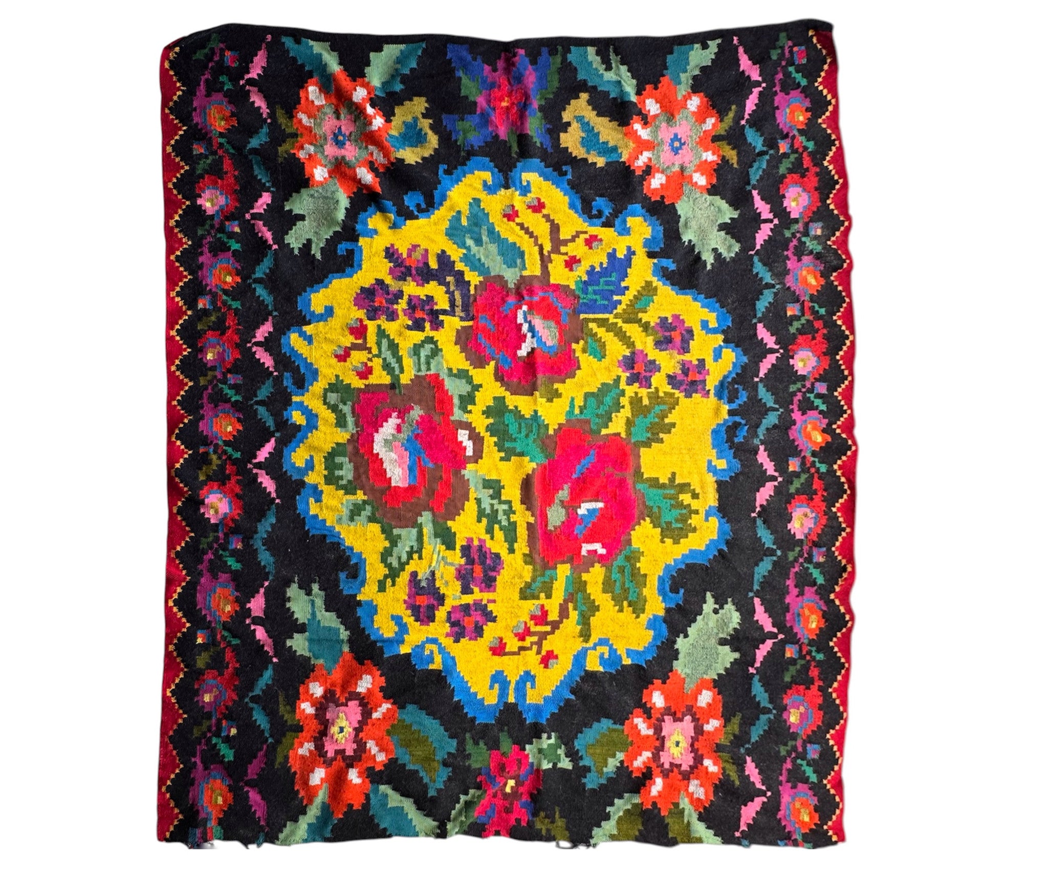 Vintage Yellow Floral Maramureș Wool Rug, 185x170 cm