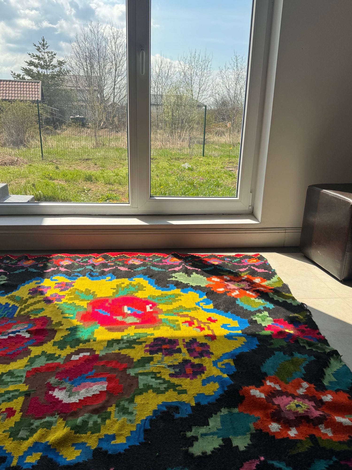 Vintage Yellow Floral Maramureș Wool Rug, 185x170 cm, view 3