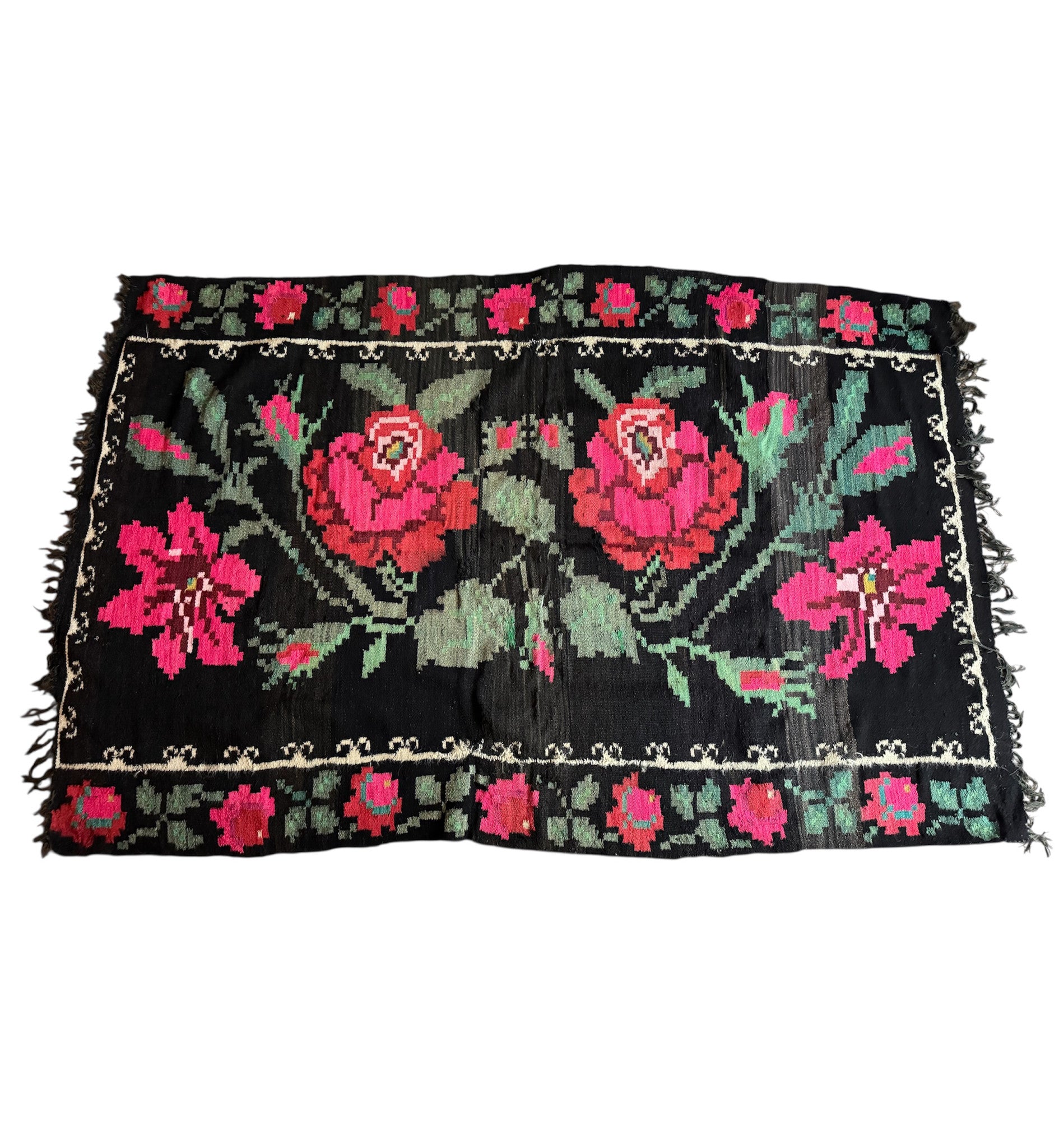 Vintage Black Floral Maramureș Wool Rug, 210x140 cm