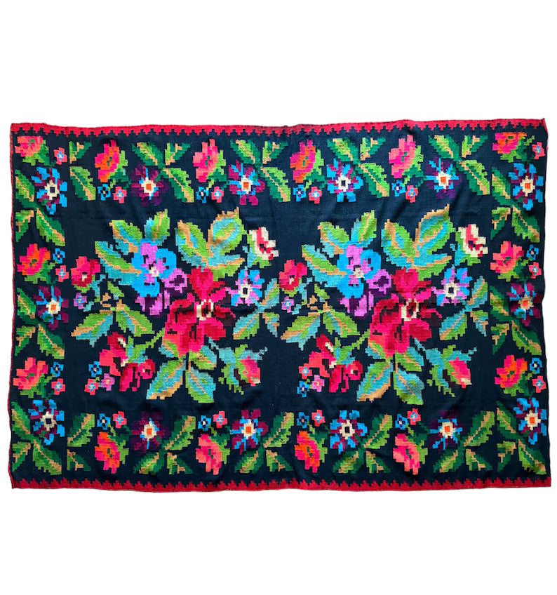 Vintage Floral Moldavian Wool Bedspread or Rug, 220x136 cm