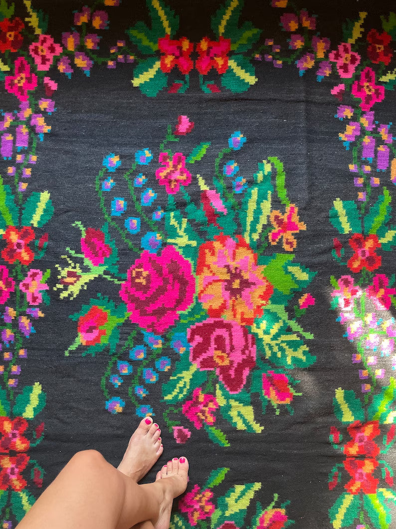 Vintage Black Floral Moldavian Wool Rug, 290x132 cm