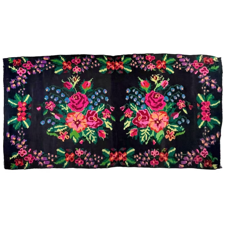 Vintage Black Floral Moldavian Wool Rug, 290x132 cm, view 2