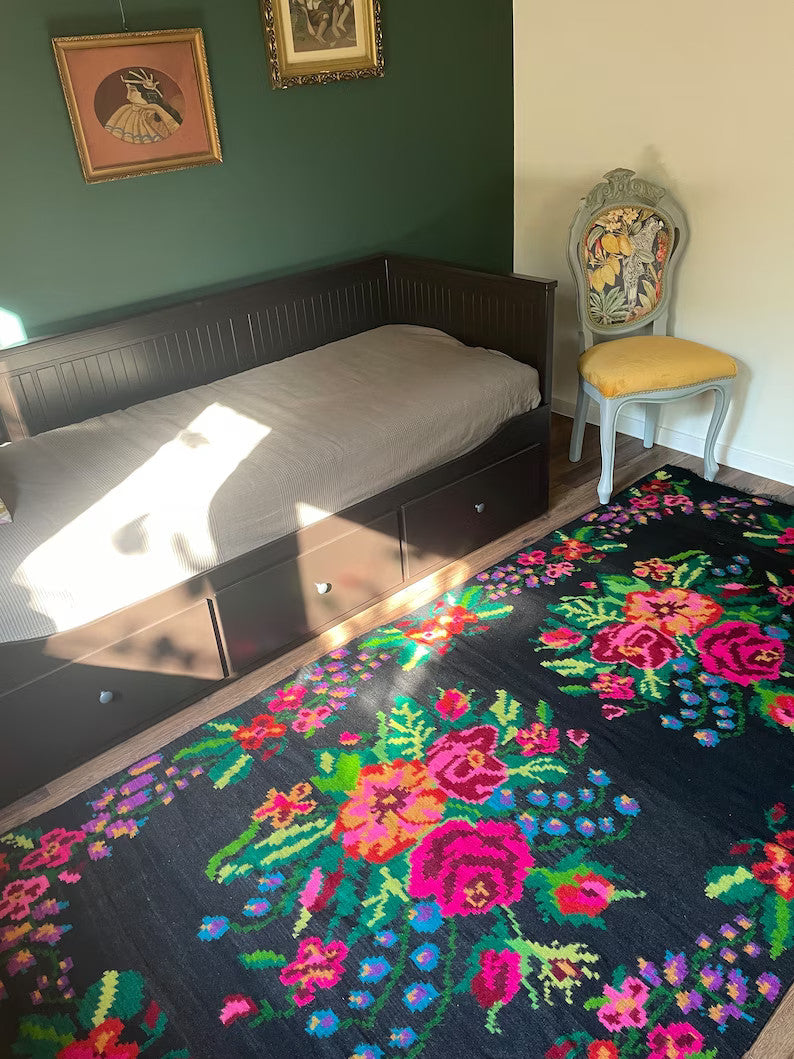Vintage Black Floral Moldavian Wool Rug, 290x132 cm, view 3