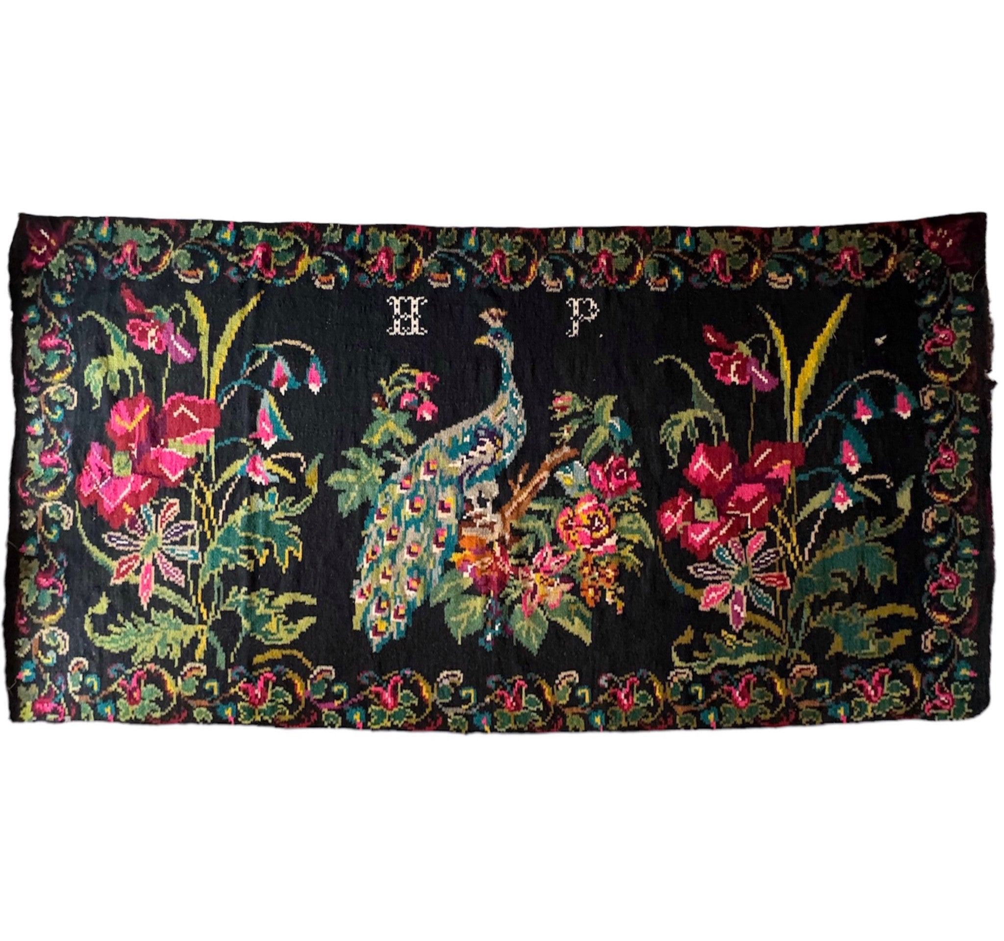 Vintage Moldavian Wool Rug with Peacock, 360x147 cm