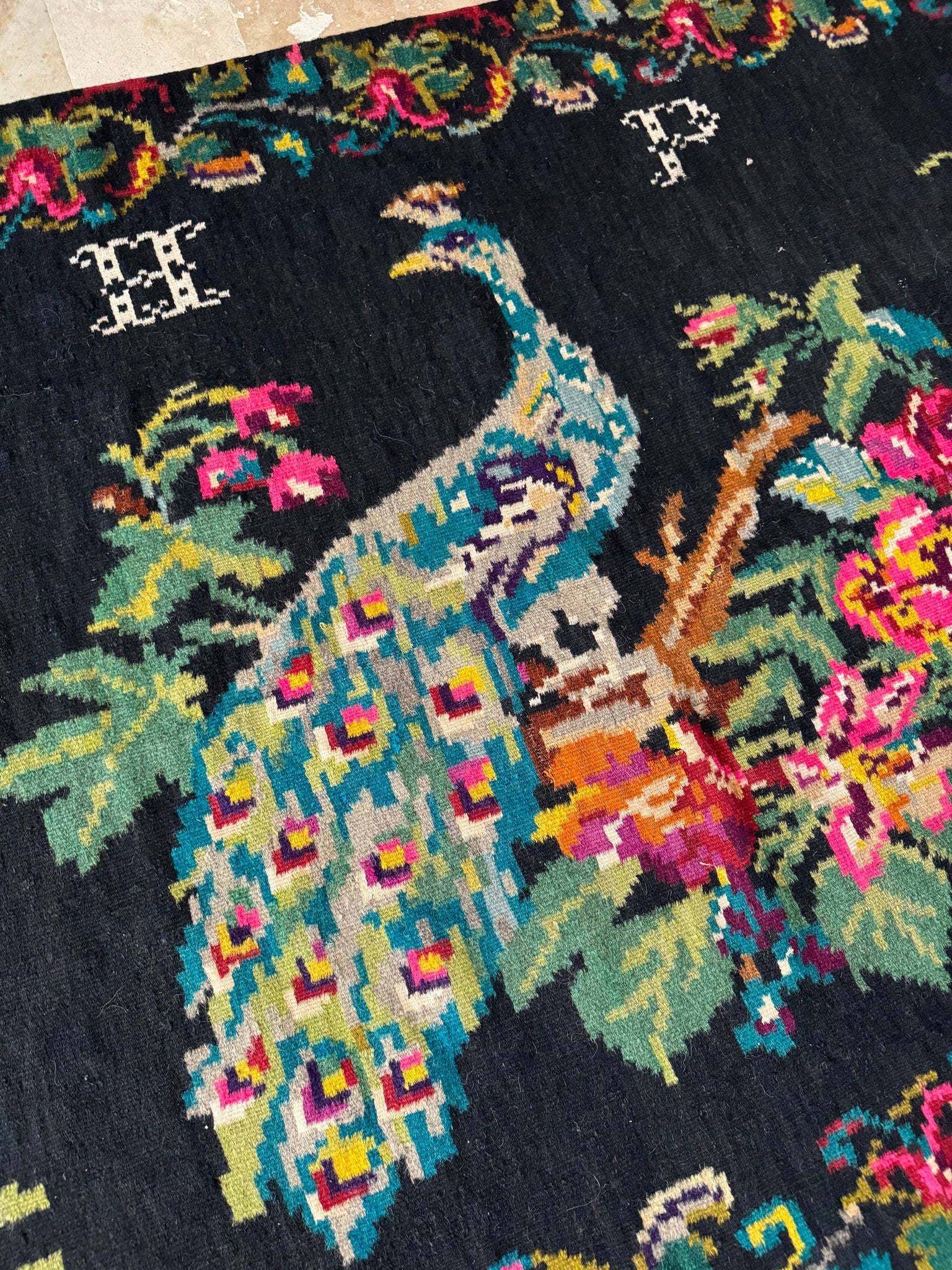 Vintage Moldavian Wool Rug with Peacock, 360x147 cm, view 5