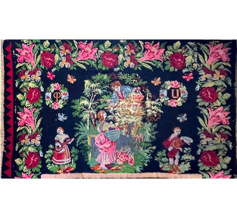 Vintage Black Muntenian Wool Rug, 317x191 cm
