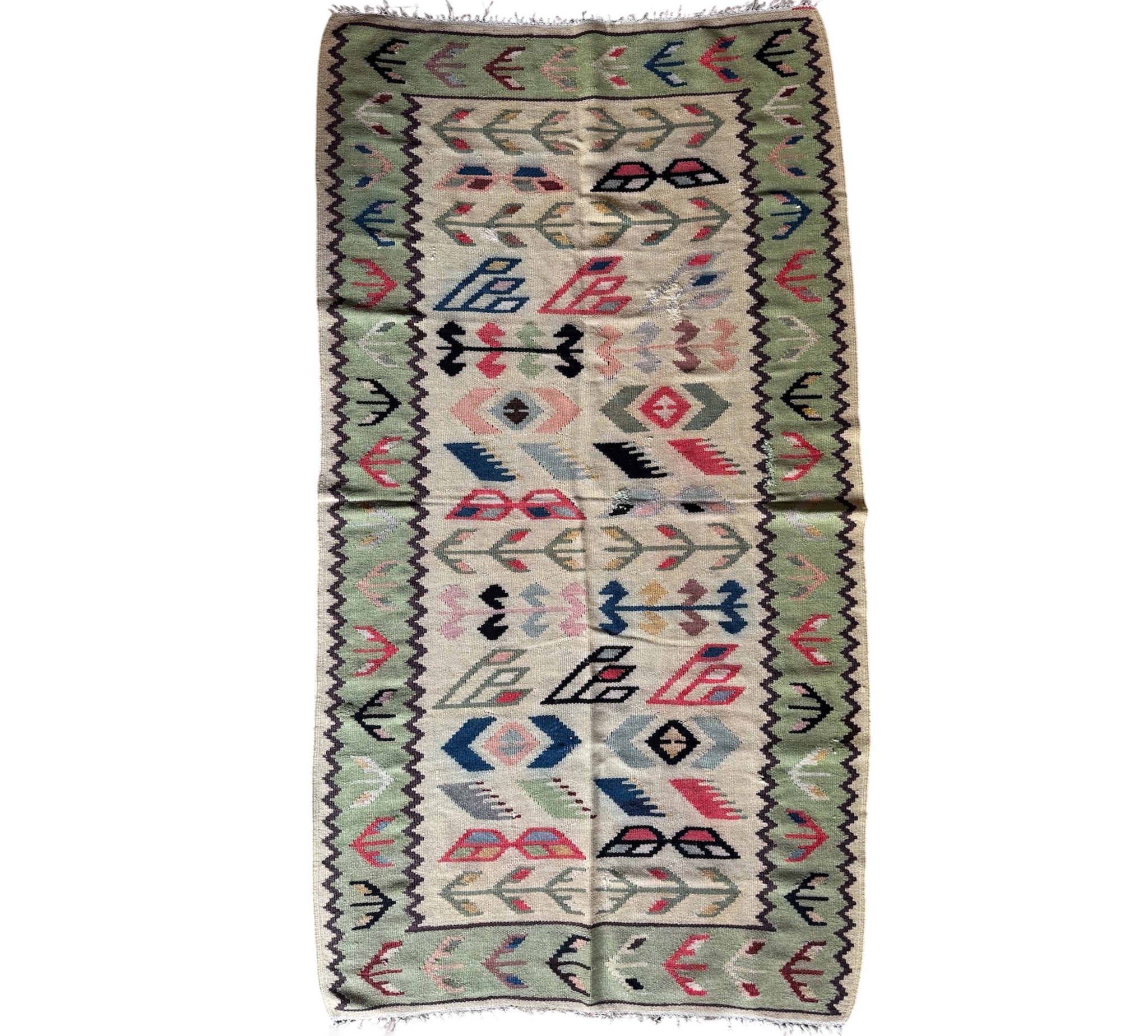 Vintage Geometric Oltenian Wool Kilim Rug, 190x100 cm
