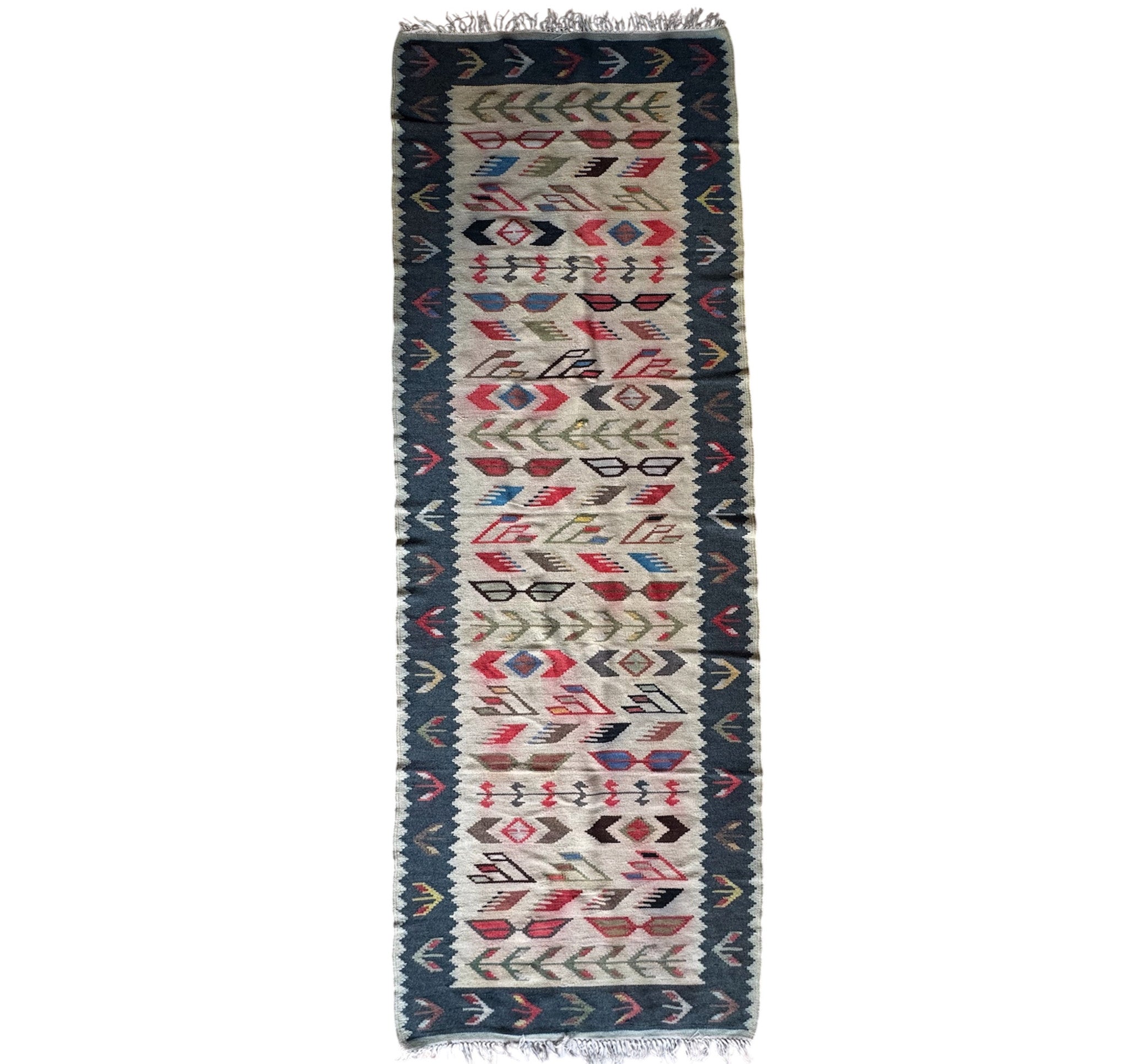 Vintage White Geometric Oltenian Kilim Runner, 295x90 cm