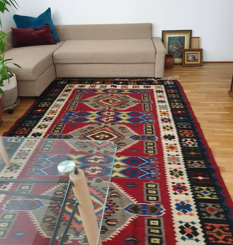 Vintage Red Floral Oltenian Wool Kilim Rug, 283x173 cm