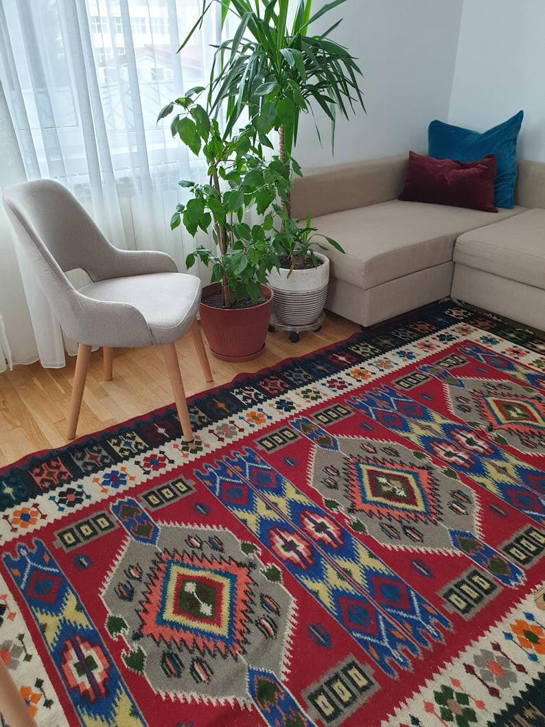 Vintage Red Floral Oltenian Wool Kilim Rug, 283x173 cm, view 10