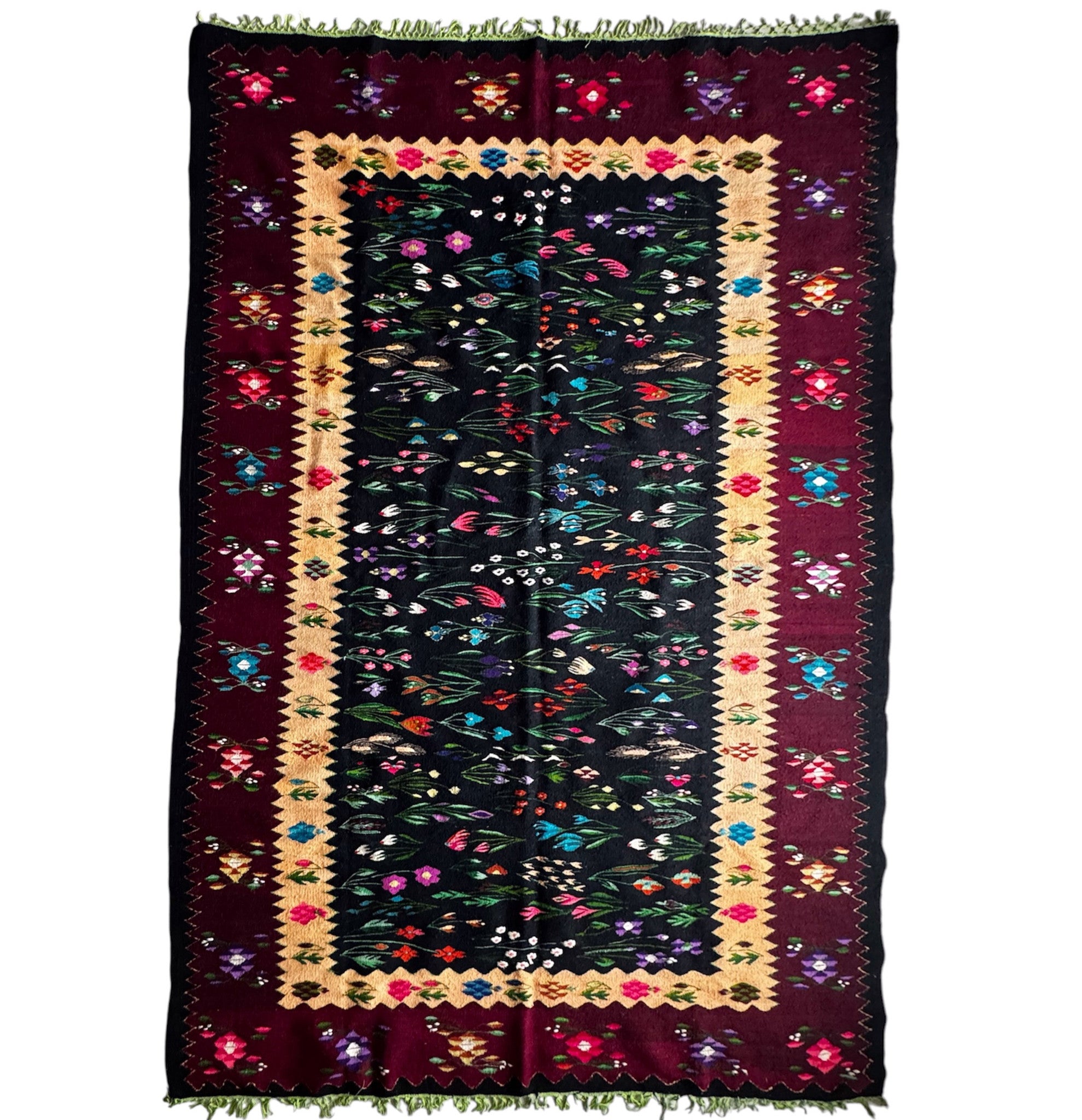 Vintage Floral Oltenian Wool Kilim Rug, 283x183 cm