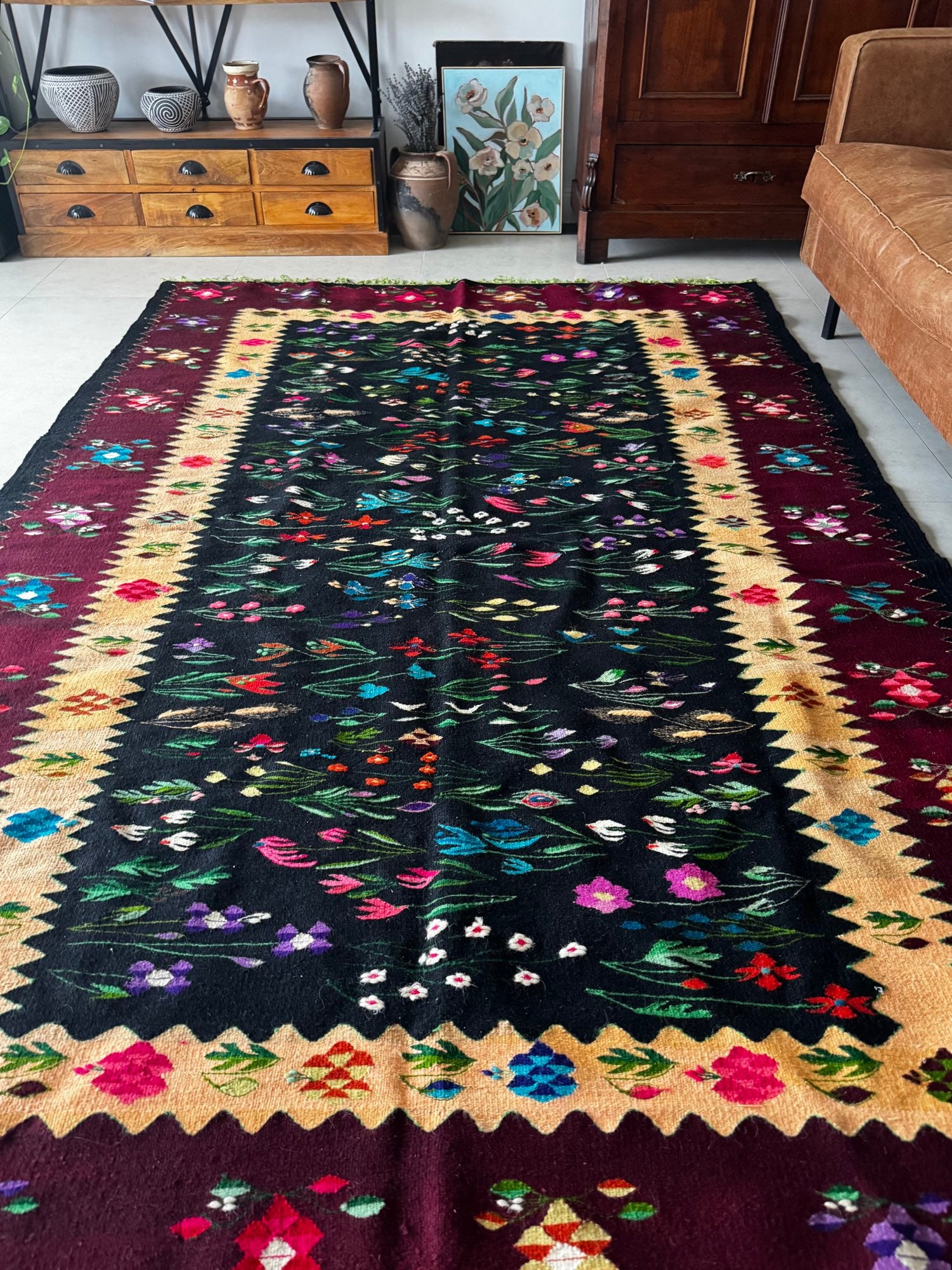 Vintage Floral Oltenian Wool Kilim Rug, 283x183 cm, view 2