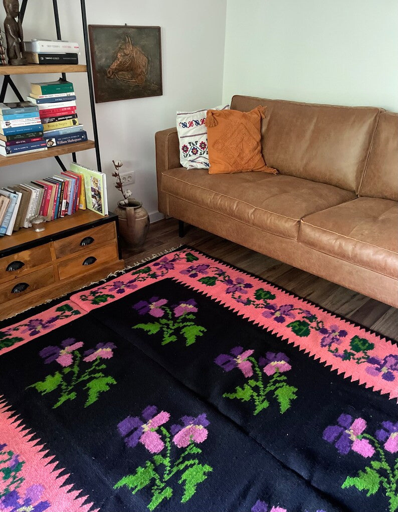 Vintage Purple Floral Oltenian Wool Rug, 214x160 cm, view 2