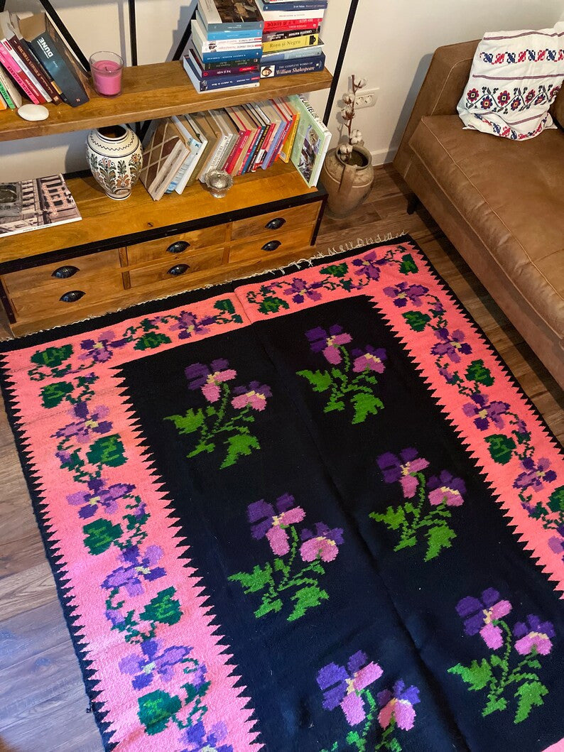 Vintage Purple Floral Oltenian Wool Rug, 214x160 cm, view 3