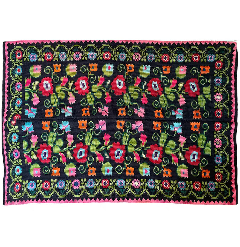 Vintage Black Floral Oltenian Wool Rug, 215x146 cm