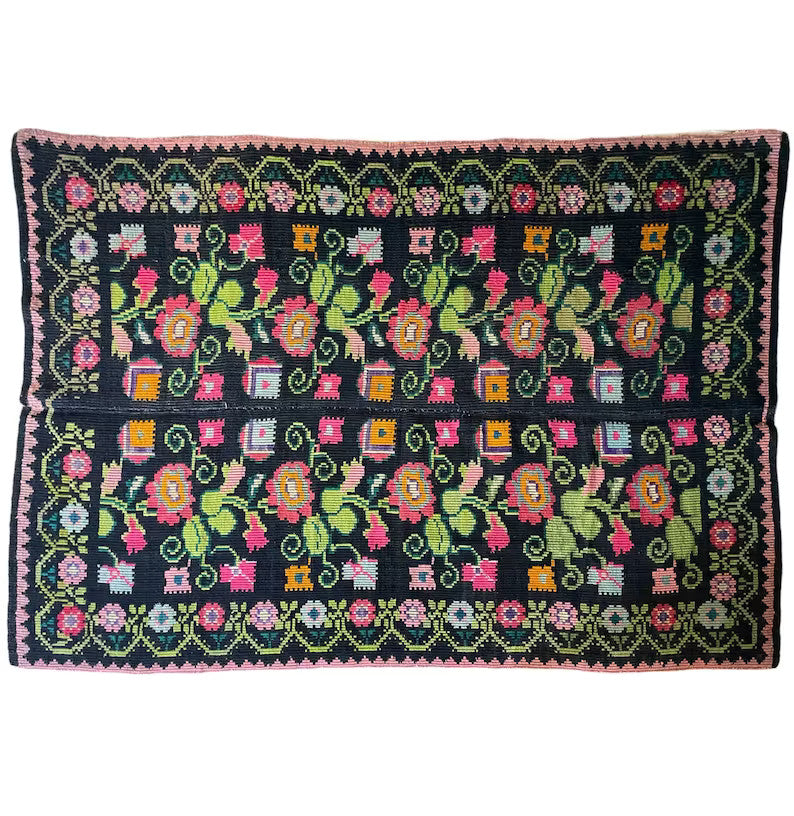 Vintage Black Floral Oltenian Wool Rug, 220x141 cm